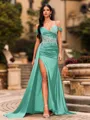 Streamlined Sheath Cold Shoulder Appliques Lace Sweep Train Silk Like Satin Corset Prom Dress