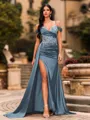 Streamlined Sheath Cold Shoulder Appliques Lace Sweep Train Silk Like Satin Corset Prom Dress