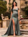 Streamlined Sheath Cold Shoulder Appliques Lace Sweep Train Silk Like Satin Corset Prom Dress