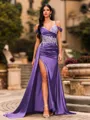 Streamlined Sheath Cold Shoulder Appliques Lace Sweep Train Silk Like Satin Corset Prom Dress
