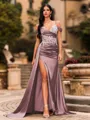 Streamlined Sheath Cold Shoulder Appliques Lace Sweep Train Silk Like Satin Corset Prom Dress