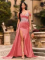 Streamlined Sheath Cold Shoulder Appliques Lace Sweep Train Silk Like Satin Corset Prom Dress