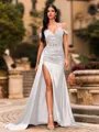 Streamlined Sheath Cold Shoulder Appliques Lace Sweep Train Silk Like Satin Corset Prom Dress