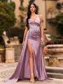 Streamlined Sheath Cold Shoulder Appliques Lace Sweep Train Silk Like Satin Corset Prom Dress