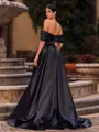 Slinky A-line Off-the-Shoulder Pleated Sweep Train Satin Corset Prom Dress