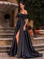 Slinky A-line Off-the-Shoulder Pleated Sweep Train Satin Corset Prom Dress