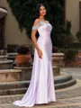 Head-Turning Sheath Cold Shoulder Pleated Sweep Train Silk Like Satin Corset Prom Dress