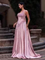 Dreamy A-line Halter Beading Sweep Train Silk Like Satin Prom Dress
