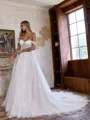 Breathtaking A-line Off-the-Shoulder Appliques Lace Cathedral Train Tulle Corset Wedding Dress