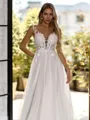 Striking A-line Illusion Appliques Lace Sweep Train Tulle Corset Wedding Dress