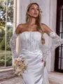 Grand Sheath Straight Long Sleeves Appliques Lace Chapel Train Silk Like Satin Corset Wedding Dress