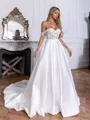 Splendiferous A-line Off-the-Shoulder Appliques Lace Chapel Train Satin Corset Convertible Wedding Dress