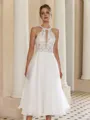 Trendy A-line Halter Appliques Lace Tea-Length Organza Wedding Dress