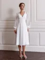 Fashion A-line V-Neck Long Sleeves Appliques Lace Knee-Length Chiffon Wedding Dress