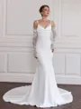 Splendid Sheath Spaghetti Straps Long Sleeves Pleated Court Train Stretch Crepe Wedding Dress