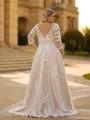 Trendy A-line V-Neck 3/4 Sleeves Appliques Lace Sweep Train Tulle Corset Plus Size Wedding Dress