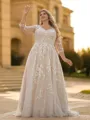 Trendy A-line V-Neck 3/4 Sleeves Appliques Lace Sweep Train Tulle Corset Plus Size Wedding Dress