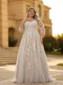 Trendy A-line V-Neck 3/4 Sleeves Appliques Lace Sweep Train Tulle Corset Plus Size Wedding Dress
