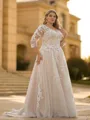 Trendy A-line V-Neck 3/4 Sleeves Appliques Lace Sweep Train Tulle Corset Plus Size Wedding Dress