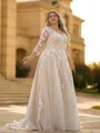 Trendy A-line V-Neck 3/4 Sleeves Appliques Lace Sweep Train Tulle Corset Plus Size Wedding Dress