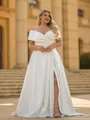Fashion A-line Off-the-Shoulder Pleated Court Train Satin Corset Plus Size Wedding Dress