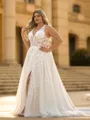 Glam A-line V-Neck Appliques Lace Court Train Tulle Corset Plus Size Wedding Dress