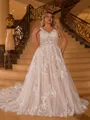 Pretty A-line V-Neck Appliques Lace Cathedral Train Tulle Plus Size Wedding Dress