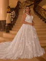 Pretty A-line V-Neck Appliques Lace Cathedral Train Tulle Plus Size Wedding Dress