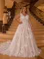 Pretty A-line V-Neck Appliques Lace Cathedral Train Tulle Plus Size Wedding Dress