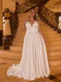 Charming A-line V-Neck Court Train Satin Plus Size Wedding Dress