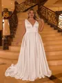 Charming A-line V-Neck Court Train Satin Plus Size Wedding Dress
