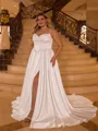 Hot A-line Spaghetti Straps Pleated Sweep Train Charmeuse Corset Plus Size Wedding Dress
