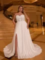Delicate A-line Scoop Short Sleeves Appliques Lace Chapel Train Tulle Plus Size Wedding Dress