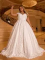 Glamorous A-line V-Neck Appliques Lace Court Train Tulle Plus Size Wedding Dress