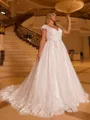 Glamorous A-line V-Neck Appliques Lace Court Train Tulle Plus Size Wedding Dress