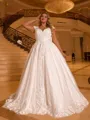 Glamorous A-line V-Neck Appliques Lace Court Train Tulle Plus Size Wedding Dress