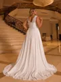 Elegant A-line V-Neck Appliques Lace Sweep Train Chiffon Corset Plus Size Wedding Dress