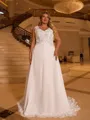 Elegant A-line V-Neck Appliques Lace Sweep Train Chiffon Corset Plus Size Wedding Dress
