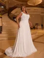 Elegant A-line V-Neck Appliques Lace Sweep Train Chiffon Corset Plus Size Wedding Dress
