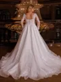 Opulent A-line Scoop Long Sleeves Appliques Lace Sweep Train Organza Plus Size Wedding Dress