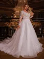 Opulent A-line Scoop Long Sleeves Appliques Lace Sweep Train Organza Plus Size Wedding Dress