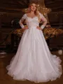 Opulent A-line Scoop Long Sleeves Appliques Lace Sweep Train Organza Plus Size Wedding Dress