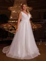 Exquisite A-line V-Neck Pleated Sweep Train Corset Plus Size Wedding Dress