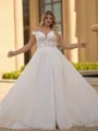 Graceful A-line Off-the-Shoulder Appliques Lace Court Train Tulle Corset Plus Size Wedding Dress