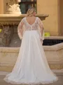 Enchanting A-line V-Neck Long Sleeves Appliques Lace Court Train Tulle Plus Size Wedding Dress