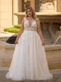Enchanting A-line V-Neck Long Sleeves Appliques Lace Court Train Tulle Plus Size Wedding Dress