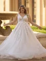 Breathtaking A-line V-Neck Appliques Lace Court Train Tulle Plus Size Wedding Dress
