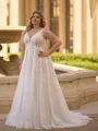 Breathtaking A-line V-Neck Appliques Lace Court Train Tulle Plus Size Wedding Dress