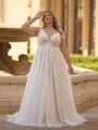 Breathtaking A-line V-Neck Appliques Lace Court Train Tulle Plus Size Wedding Dress