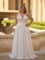 Gorgeous A-line V-Neck Appliques Lace Floor-Length Chiffon Corset Plus Size Wedding Dress
